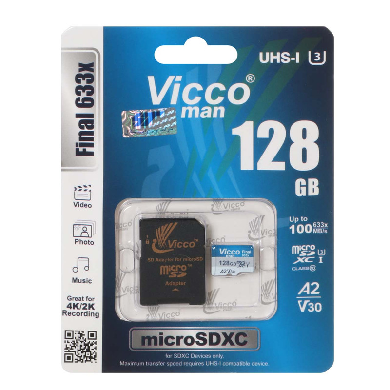 کارت حافظه ویکومن مدل Vicco Man Final 633x U3 100MB/s حافظه 128 گیگابایت به همراه آداپتور SD